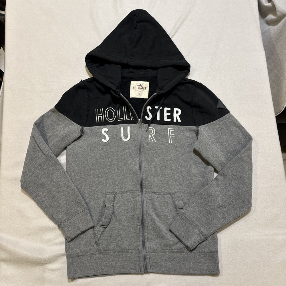 Hollister Surf Mens Small Zip Up‎ Hoodie Black Grey Colorblock Embroidered Logo